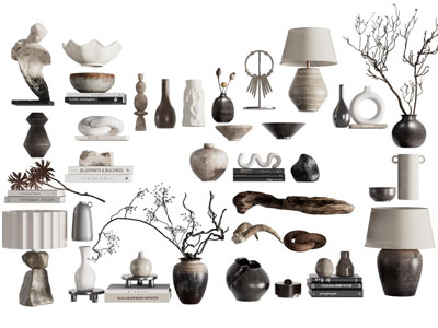 侘寂风陶艺器皿 花瓶花卉 台灯摆件组合