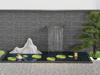 新中式景墙 假山 瀑布 松树景观园艺小品