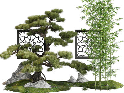新中式松树 镂花窗 竹子景观园艺小品