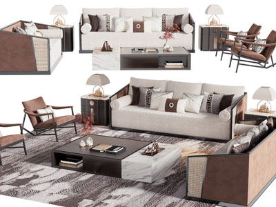 新中式多人 单人沙发 休闲椅子和茶几组合