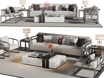 新中式双人 单人沙发和茶几组合