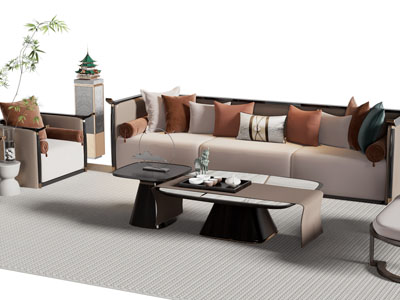 新中式多人 单人沙发和茶几组合