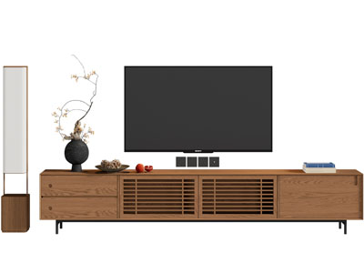 新中式实木电视柜 电视机 落地灯