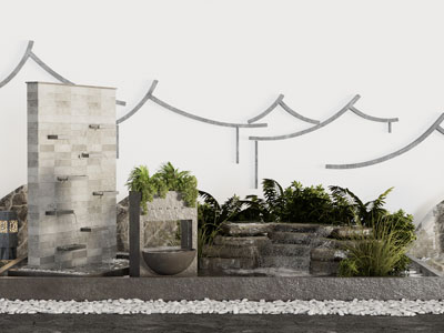 新中式景墙 水景瀑布 石子景观园艺小品