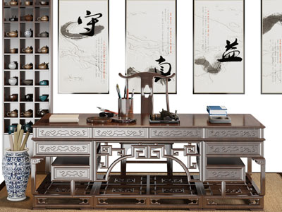 新中式实木雕花书桌椅组合