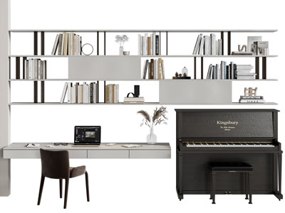 现代带书柜嵌入钢琴的书桌椅组合