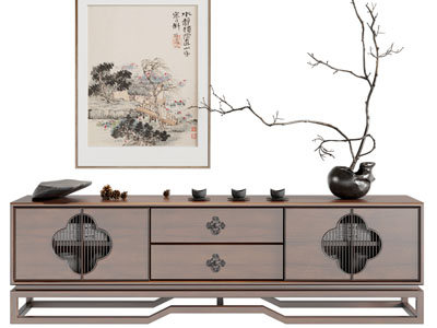 新中式电视柜 花瓶 茶具杯子摆件 挂画