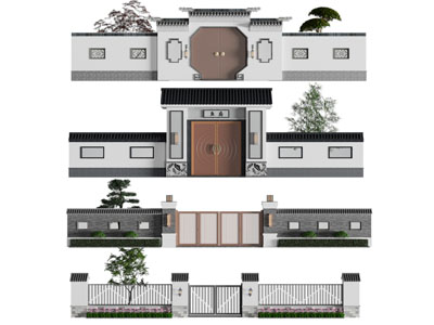 新中式围墙 庭院大门3d模型 新中式围墙 庭院大门