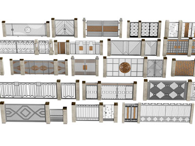 新中式铁艺栏杆 围墙 大门3d模型 新中式铁艺栏杆 围墙 大门