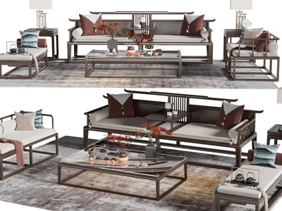 新中式实木罗汉床 单人沙发和茶几组合