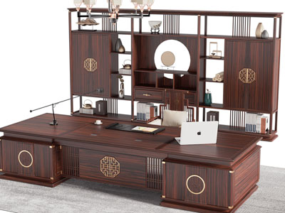 新中式老板台 老板桌椅组合 装饰书柜