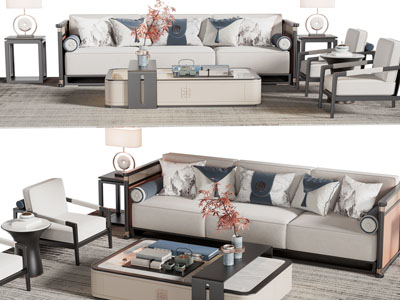 新中式多人 单人沙发 扶手椅和茶几组合