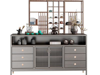 新中式实木玄关柜 餐边柜 花瓶花卉