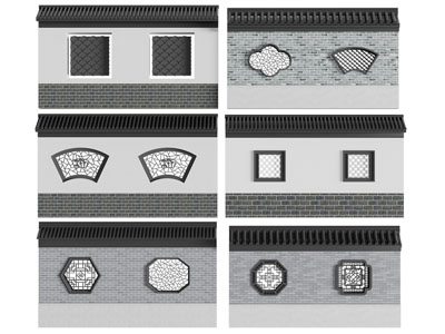 新中式景墙 围墙 镂花窗 窗格景墙