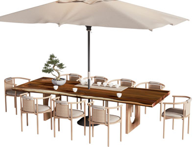 新中式遮阳伞 实木长方形餐桌椅组合