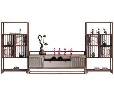 新中式实木电视柜 边柜 博古架