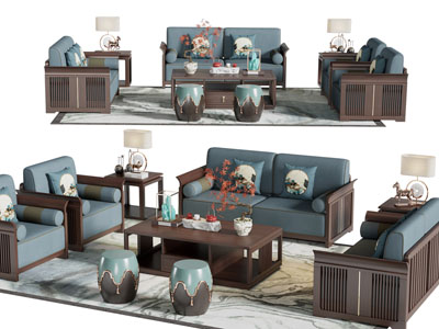 新中式双人 单人沙发和茶几组合