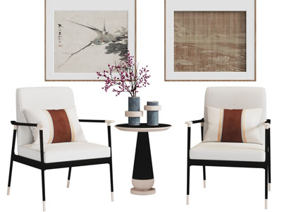 新中式扶手椅子 边几 装饰挂画