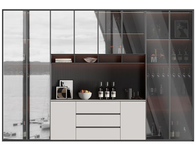 现代玻璃柜门中间镂空的酒柜