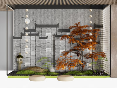 新中式室内景墙 枫树 石头景观园艺小品