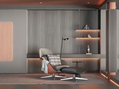 现代带书桌椅的书柜 躺椅 脚踏