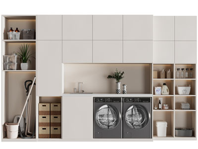 现代洗衣机烘干机洗衣盆收纳储物柜