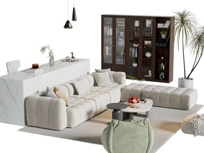 现代布艺转角多人沙发 书柜 茶几组合