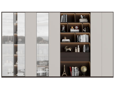 现代玻璃柜门半开放式书柜