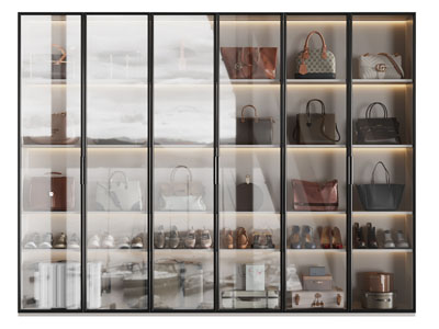 现代玻璃柜门的箱包鞋子收纳柜