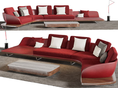 现代红色弧形多人沙发 茶几组合