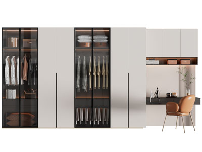 现代玻璃柜门的衣柜书桌椅组合