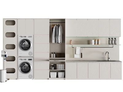 现代嵌入洗衣机 烘干机和洗衣盆的收纳柜