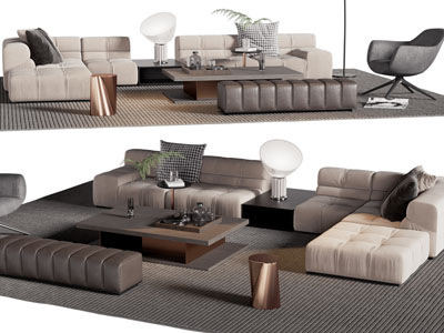 现代拼接转角多人沙发、休闲椅子和茶几组合