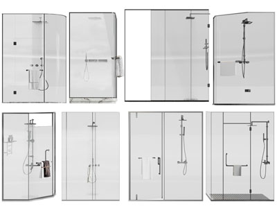 现代玻璃淋浴房、淋浴花洒3d模型 现代玻璃淋浴房、淋浴花洒