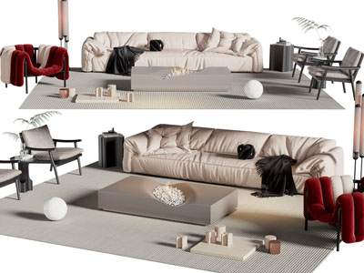 现代布艺多人沙发、休闲椅子和茶几组合