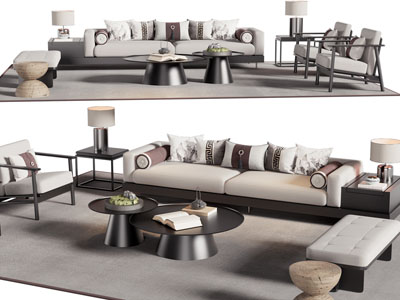 新中式双人沙发、休闲椅子、沙发凳和茶几组合