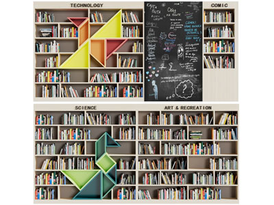 现代装饰七巧板和涂鸦墙的书柜