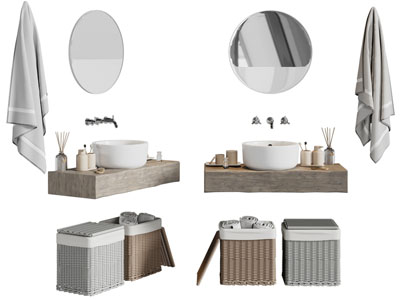 现代洗手盆、收纳筐、镜子