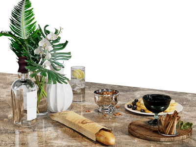 现代花瓶、面包、饮料水果食物