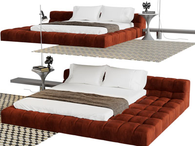 现代布艺双人床 床头角几