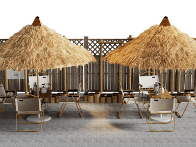 现代茅草棚、可折叠餐桌椅组合