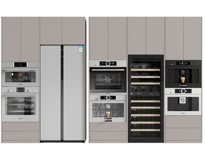 现代嵌入橱柜的冰箱、烤箱、咖啡机厨房电器