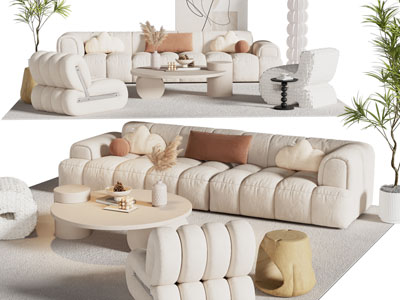 侘寂风多人沙发、休闲椅子和茶几组合