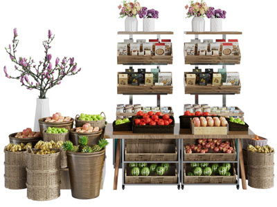 新中式编织筐水果篮 实木食物货架3d模型 新中式编织筐水果篮 实木食物货架