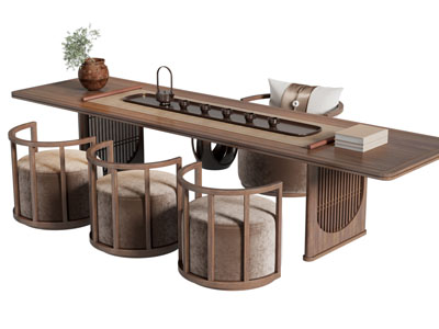 新中式实木长方形茶桌椅组合