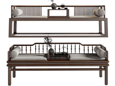 新中式罗汉床、双人沙发3d模型 新中式罗汉床、双人沙发