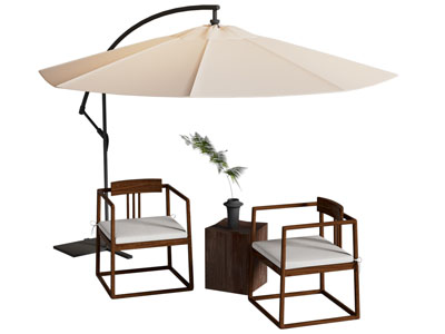 新中式户外遮阳伞、休闲扶手椅子、边几
