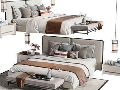 新中式双人床 床头柜 床尾凳