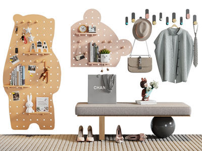 现代卡通熊洞洞眼墙饰收纳架、换鞋凳