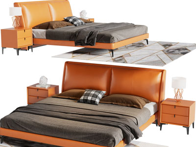 现代橙色双人床、床头柜